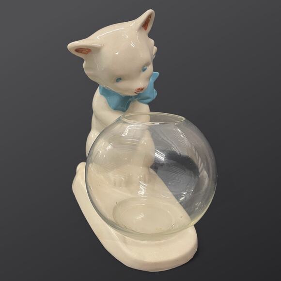 Vintage Ceramic Cat w/ Glass Fishbowl – Bow Tie Kitten Planter or Candy Dish - Picture 4 of 6
